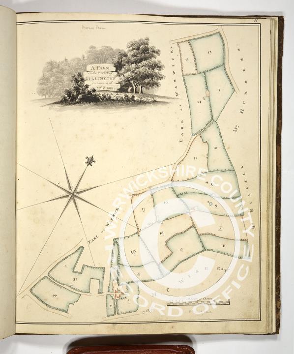 Survey book of the Warwickshire properties of Henry Christopher Wise.  This image shows a plan of a farm in the parish of Lillington in the tenure of Mr Webb.