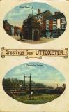 Double view tinted postcard of Uttoxeter High Street and the Dove Suspension Bridge