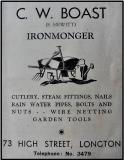Advertisement for C.W. Boast Ironmongers, Uttoxeter Road,  Longton