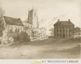 Pattingham Church and Vicarage House: sepia wash drawing