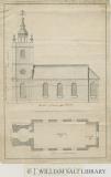 Marchington Church - Exterior Elevation and Interior Plan: pen drawing