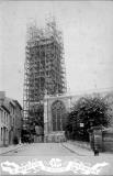 Warwick.  St Mary's Church tower under scaffolding.